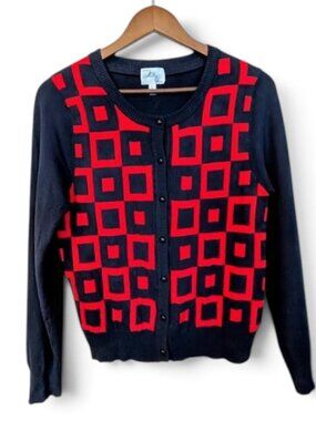 Milly of New York Geometric Pattern Navy Red Cardigan Size L NWOT